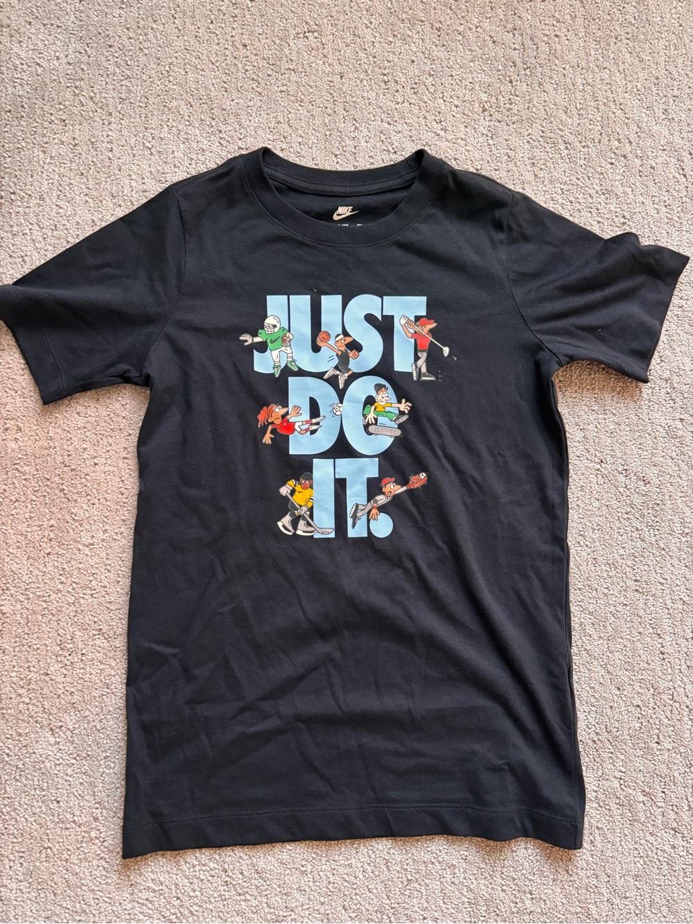 Nike Black Tee with Light Blue 'Just Do It' Character Graphic